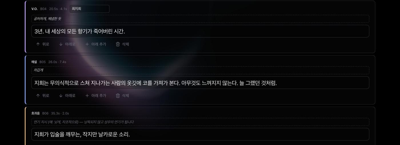 내적 독백, 해설, 효과음 세 종류의 블록 카드가 각각 번호와 시작 시각, 길이, 연기 지시를 달고 나열된 화면