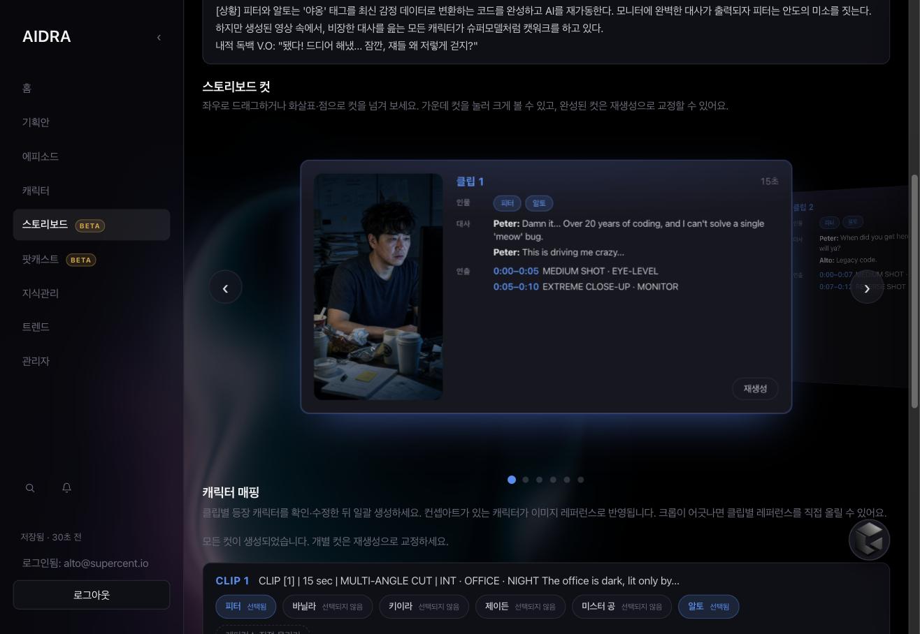 스토리보드 컷이 커버플로우 캐러셀로 배열되고 아래에 클립별 캐릭터 매핑 토글이 놓인 화면