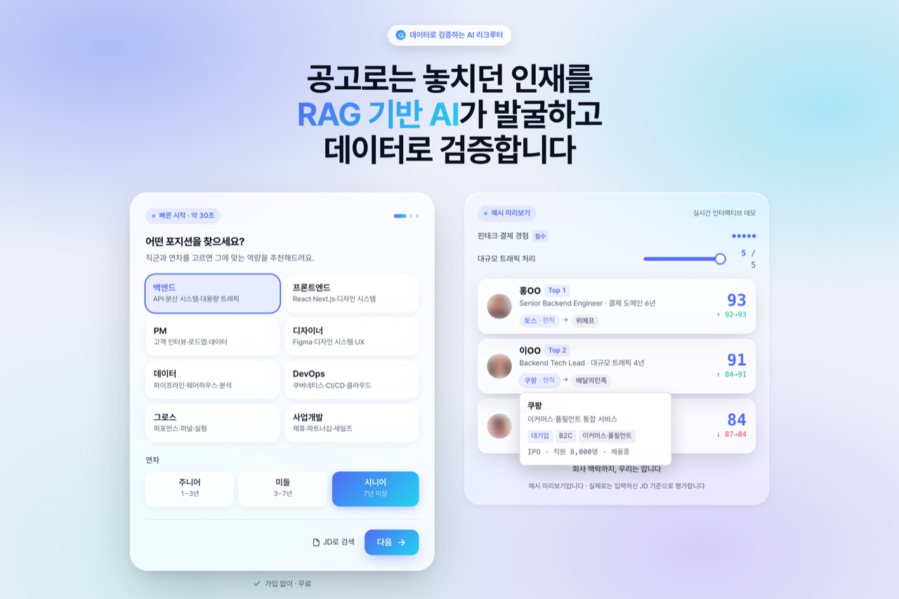 서치라이트 체험하기 홈 화면 — 빠른 시작 위저드와 평가 요건 조정 슬라이더, 후보 카드의 회사 분류값이 한 화면에